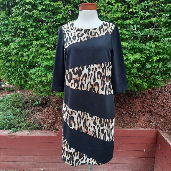 Chico's Asymmetric Leopard Colorblock Print Ponte Stretch Dress Slimming Petite - Picture 2 of 11